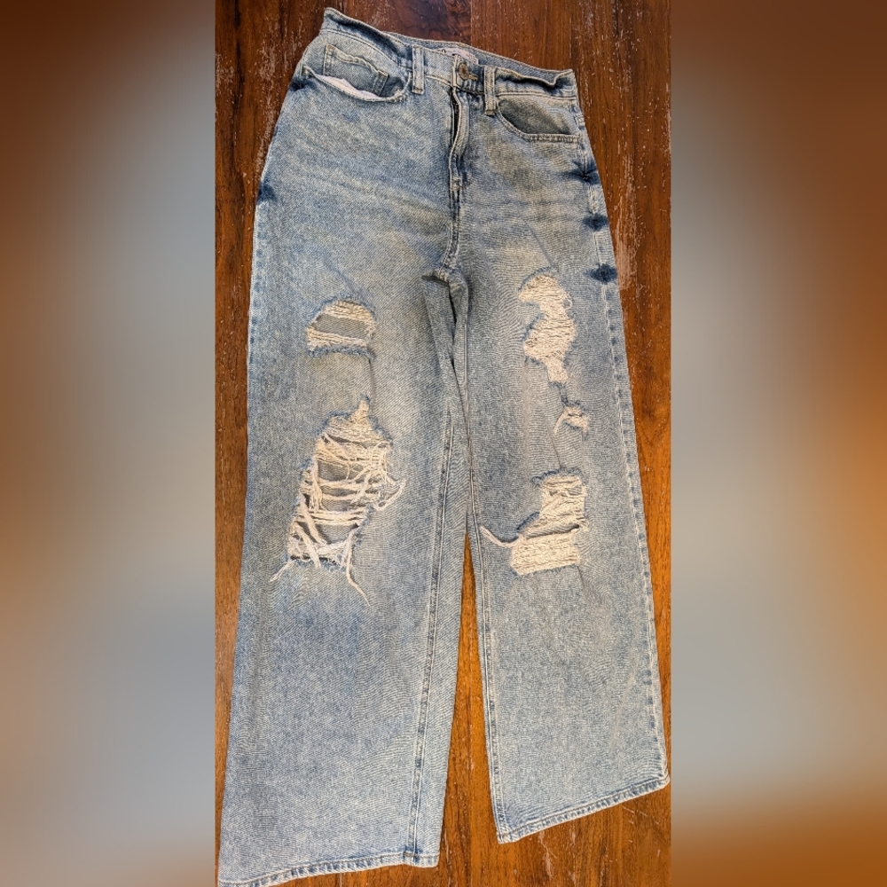 SO Light Blue Distressed Super High Rise Wide Leg Jeans